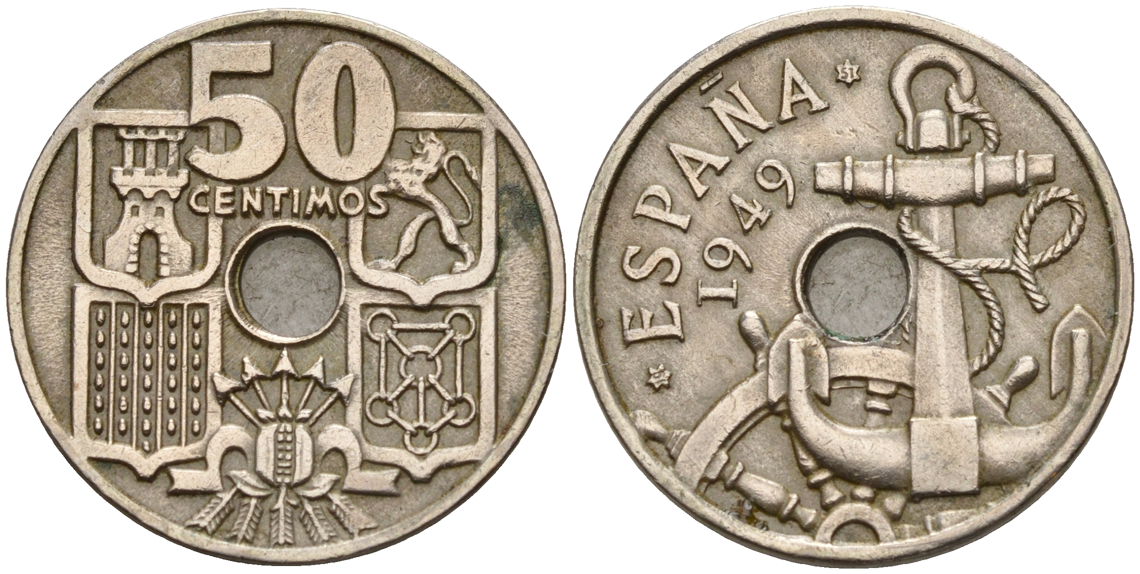 Испания 50 сентимо 1949 (51) Франсиско Франко (1939-1975), морская атрибутика KM 777  медно-никель    4153-153