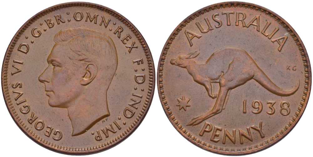 АВСТРАЛИЯ 1 ПЕННИ 1938 ГЕОРГ VI (1937-1952), КЕНГУРУ KM 36 бронза 4380-722