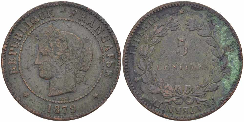 ФРАНЦИЯ 5 САНТИМОВ 1879 А, ТРЕТЬЯ РЕСПУБЛИКА (1871-1940) KM 821.1, LE FRANC 118.20 бронза 108-626