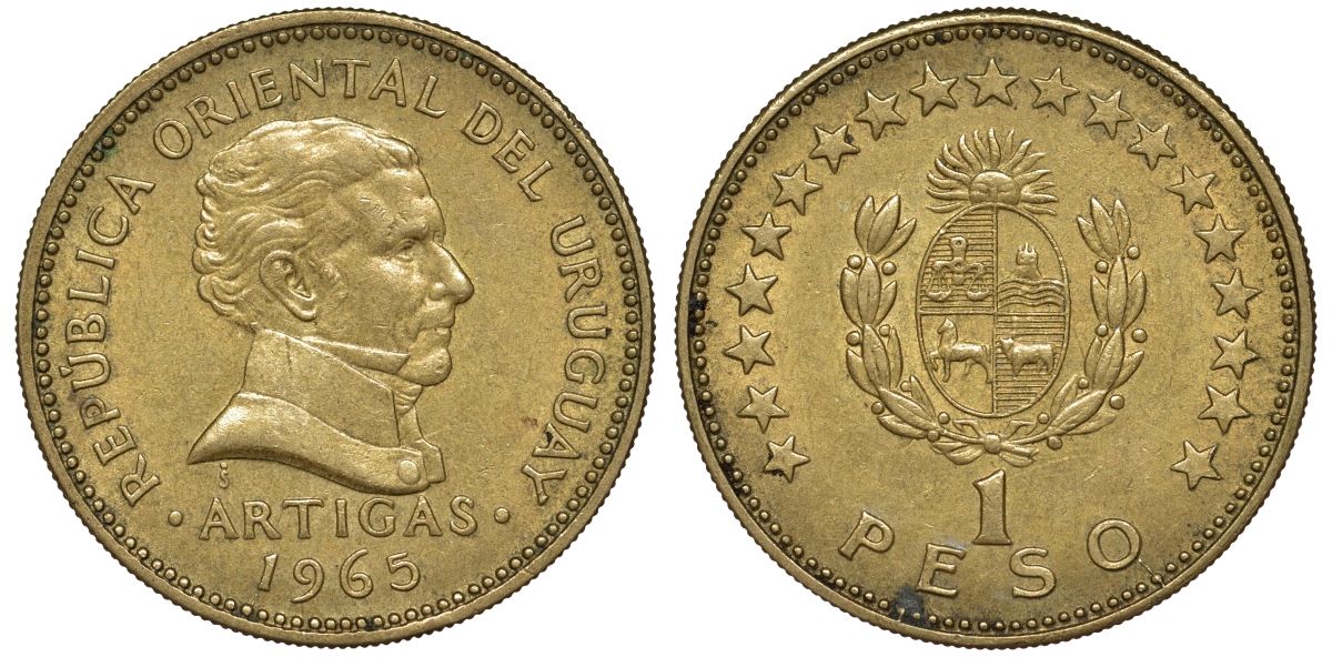 Уругвай 1 песо 1965 KM 46 алюминиевая бронза 190-1156