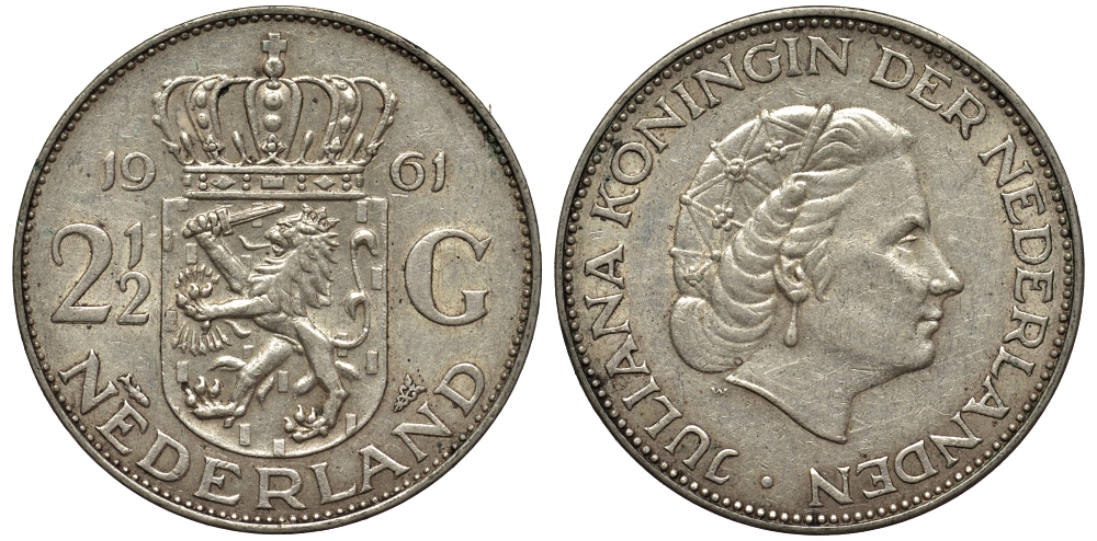 Нидерланды 2 1/2 гульдена 1961 Юлиана (1848-1980) KM 185 серебро 443-1133