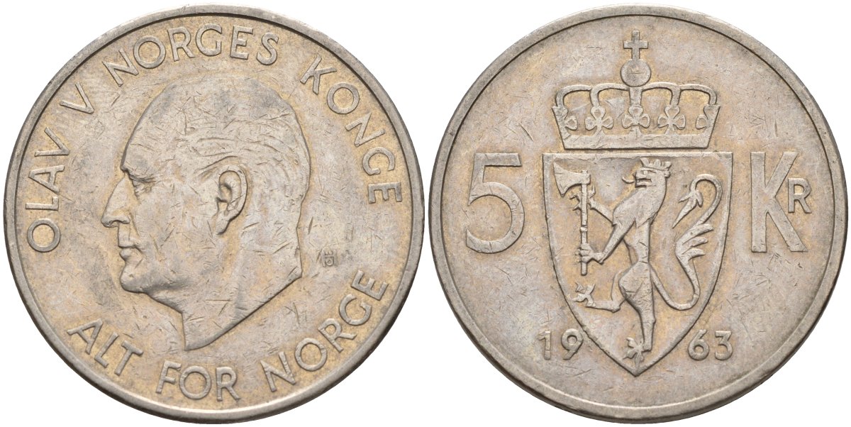 Норвегия 5 крон 1963 Улаф V (1958-1991) KM 412 медно-никель 4526-432