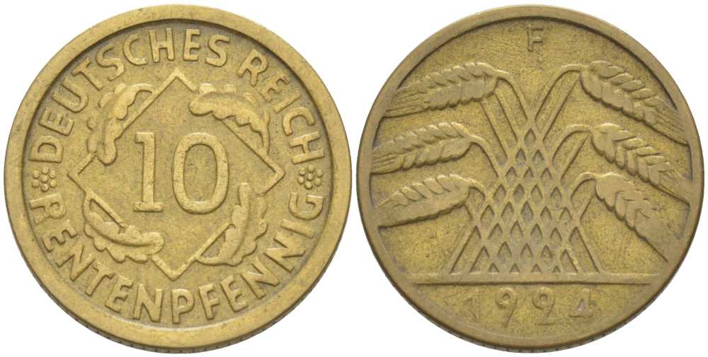 ГЕРМАНИЯ 10 РЕНTЕНПФЕННИГОВ 1924 F KM 33, J. 309, Weege 8 алюминиевая бронза 210-325