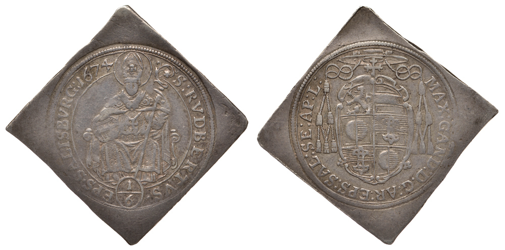 Австрия, Зальцбург 1/6 талера 1674 клиппа, Святой Руперт, Максимилиан Гандольф фон Кюнбург (1668-1687) KM 215, Probszt 1676. Zoottl 2020 серебро 00-00