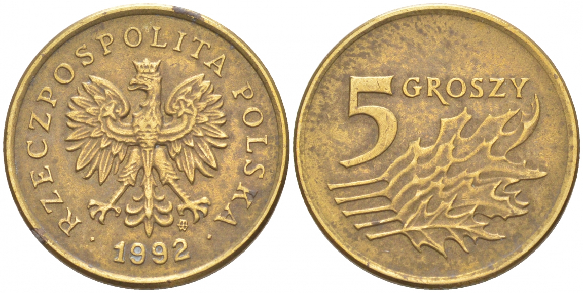 Польша 5 грошей 1992 MW KM 278 латунь 100-1223
