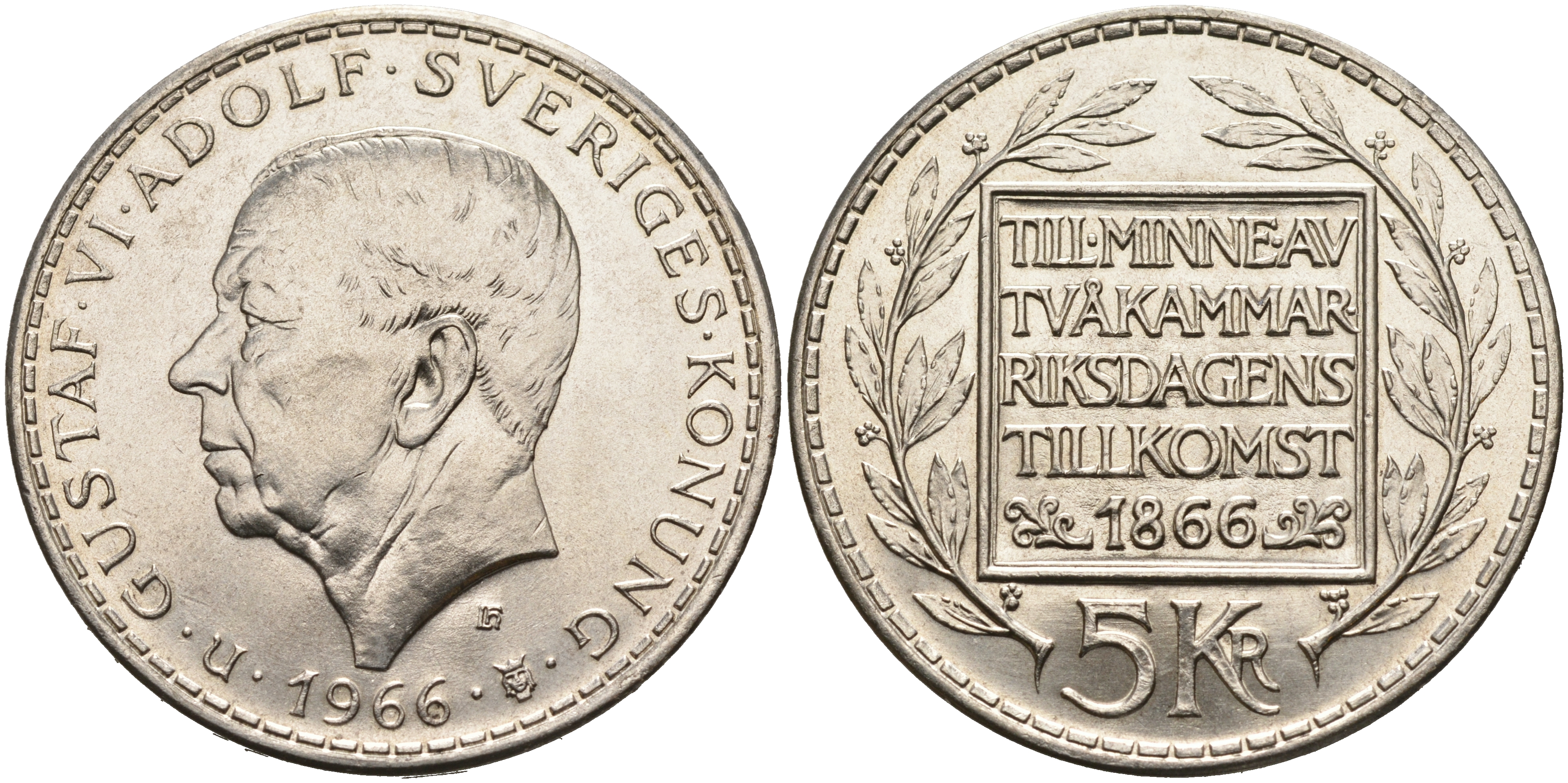 Швеция 5 крон 1966 U, Густав VI Адольф (1950-1973), 100 лет конституционным реформам KM 839 серебро UNC 4552-723