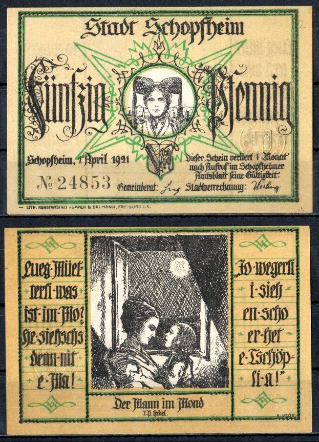 Шопфхайм (Баден) 50 пфеннигов 1921 Mehl Grabowski 1201.2-2/6 бумага UNC (пресс) 7553-5-2-1