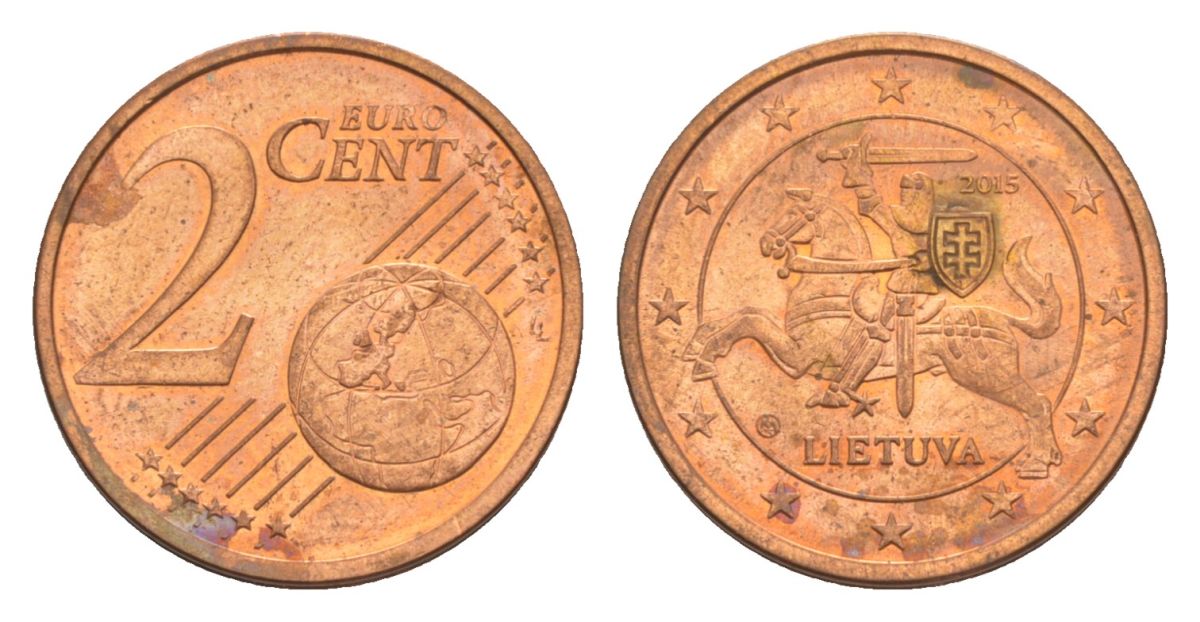 Литва 2 евроцента 2015 KM 206 сталь плакированная медью aUNC 4630-448