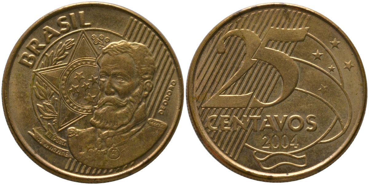 Бразилия 25 сентаво 2004 KM 650, Schon 158 сталь плакированная бронзой 4525-346