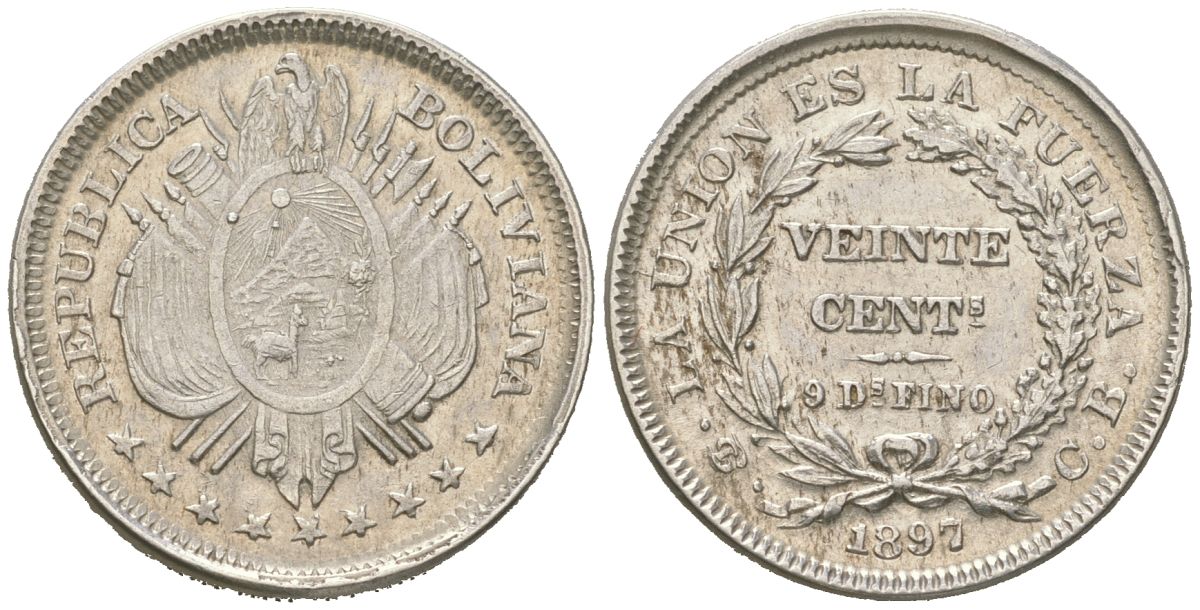 Боливия 20 сентаво 1897 KM 159.2 серебро 1530-713