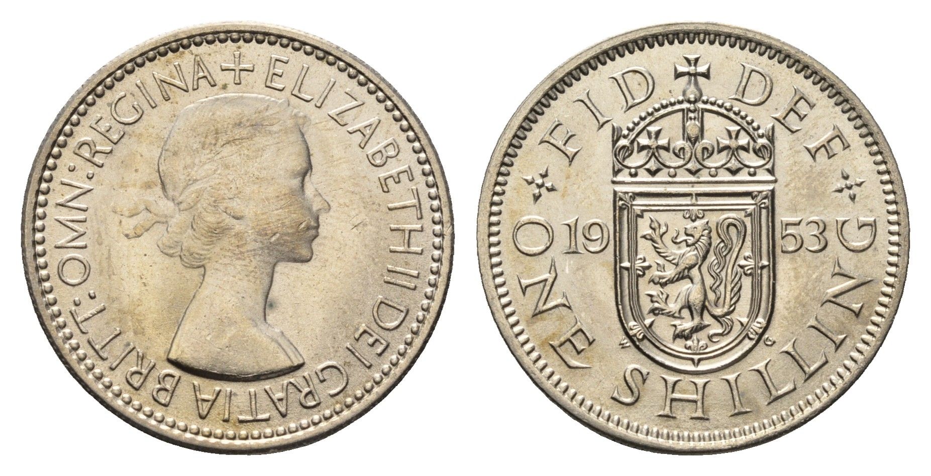 Великобритания 1 шиллинг 1953 год-тип, Елизавета II (1952-2022), Шотландский герб KM 891, Spink 4140 медно-никель UNC 4691-633