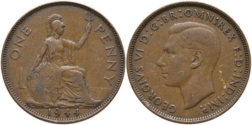 Великобритания 1 пенни 1944 Георг VI (1936-1952) КМ 845, Spink 4114 бронза 115-422