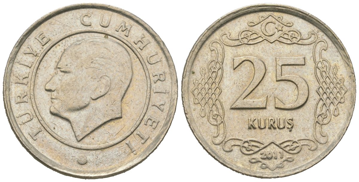 Турция 25 курушей 2011 KM 1242 медно-никель UNC 4621-463