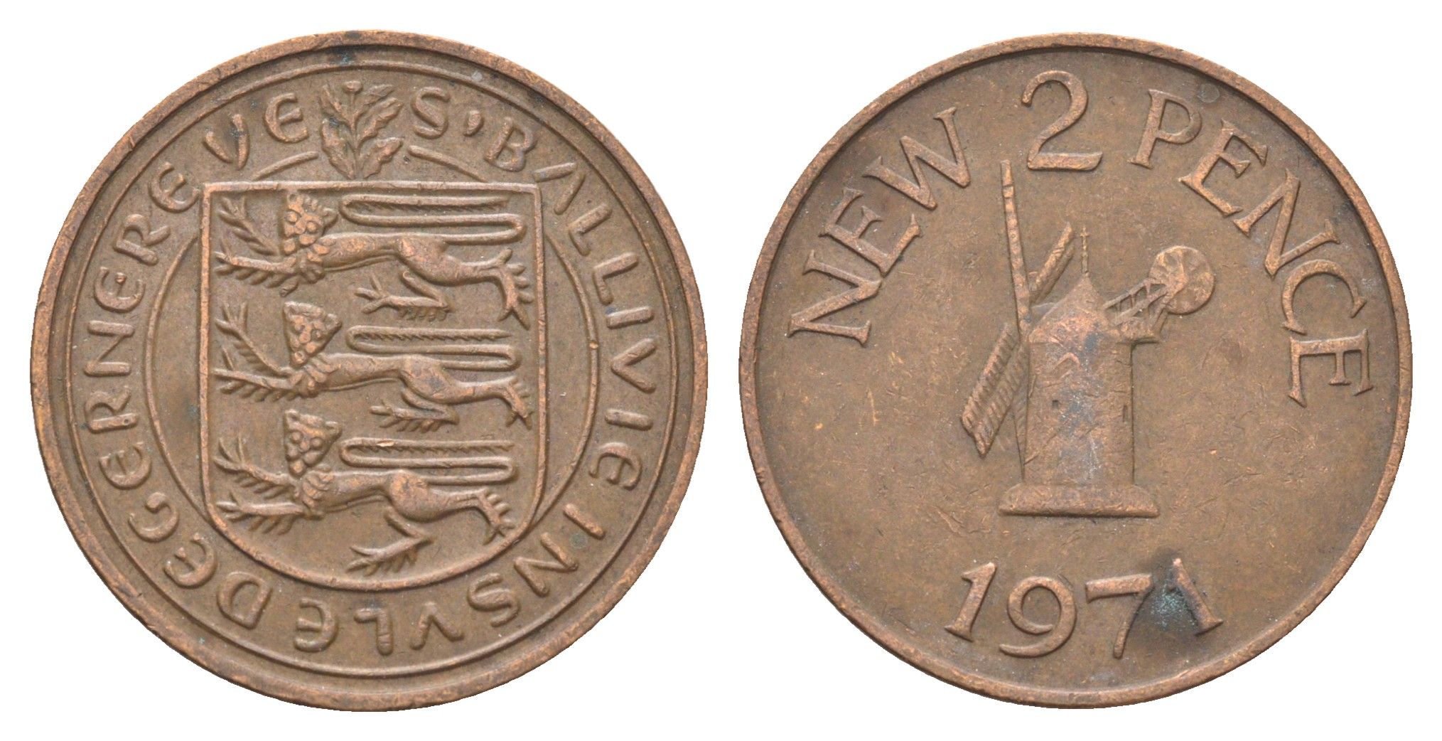 Гернси 2 новых пенса 1971 Елизавета II (1952-2022), ветряная мельница KM 22 бронза 4703-1142