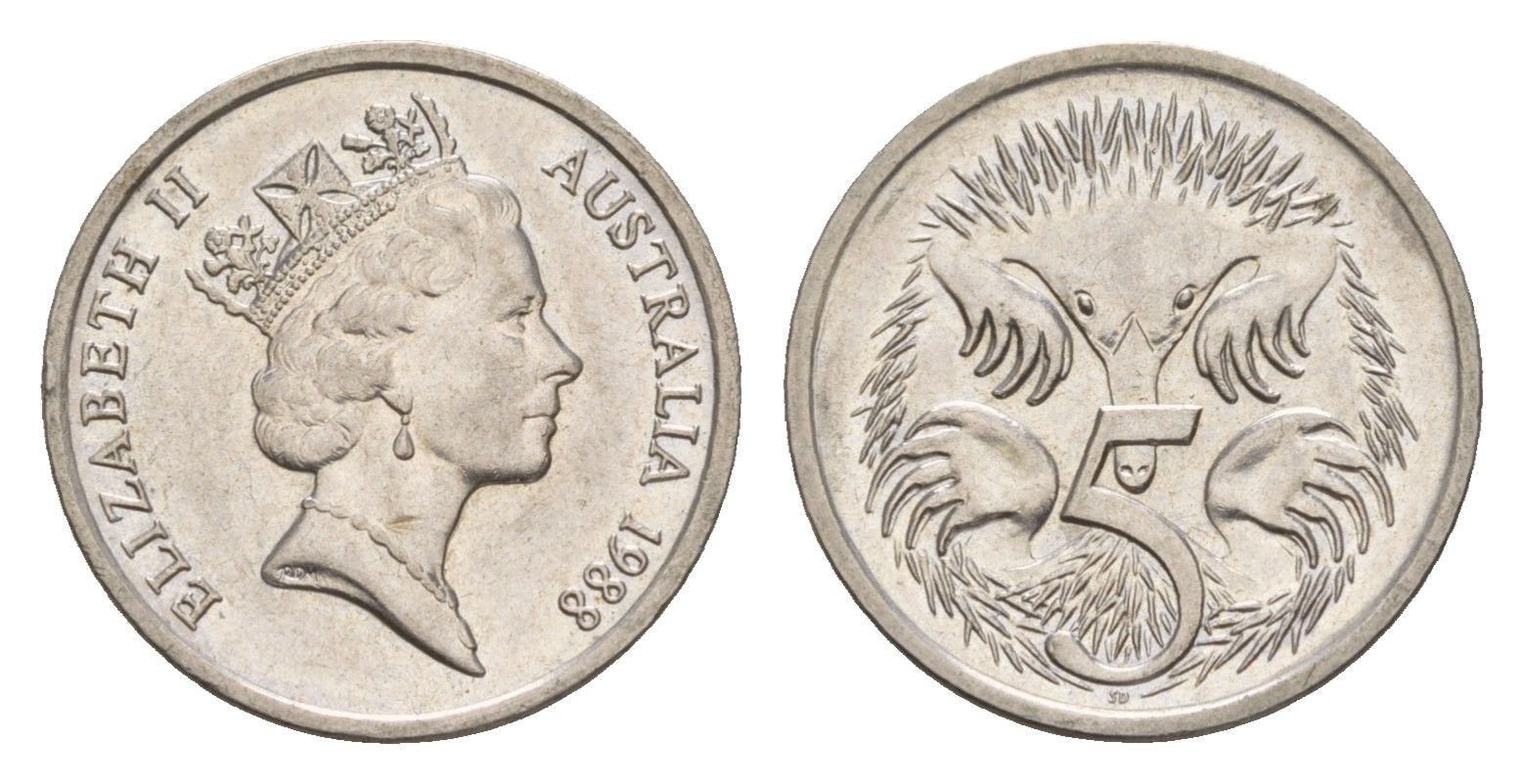Австралия 5 центов 1988 Елизавета II (1952-2022), ехидна KM 80 медно-никель 4658-115