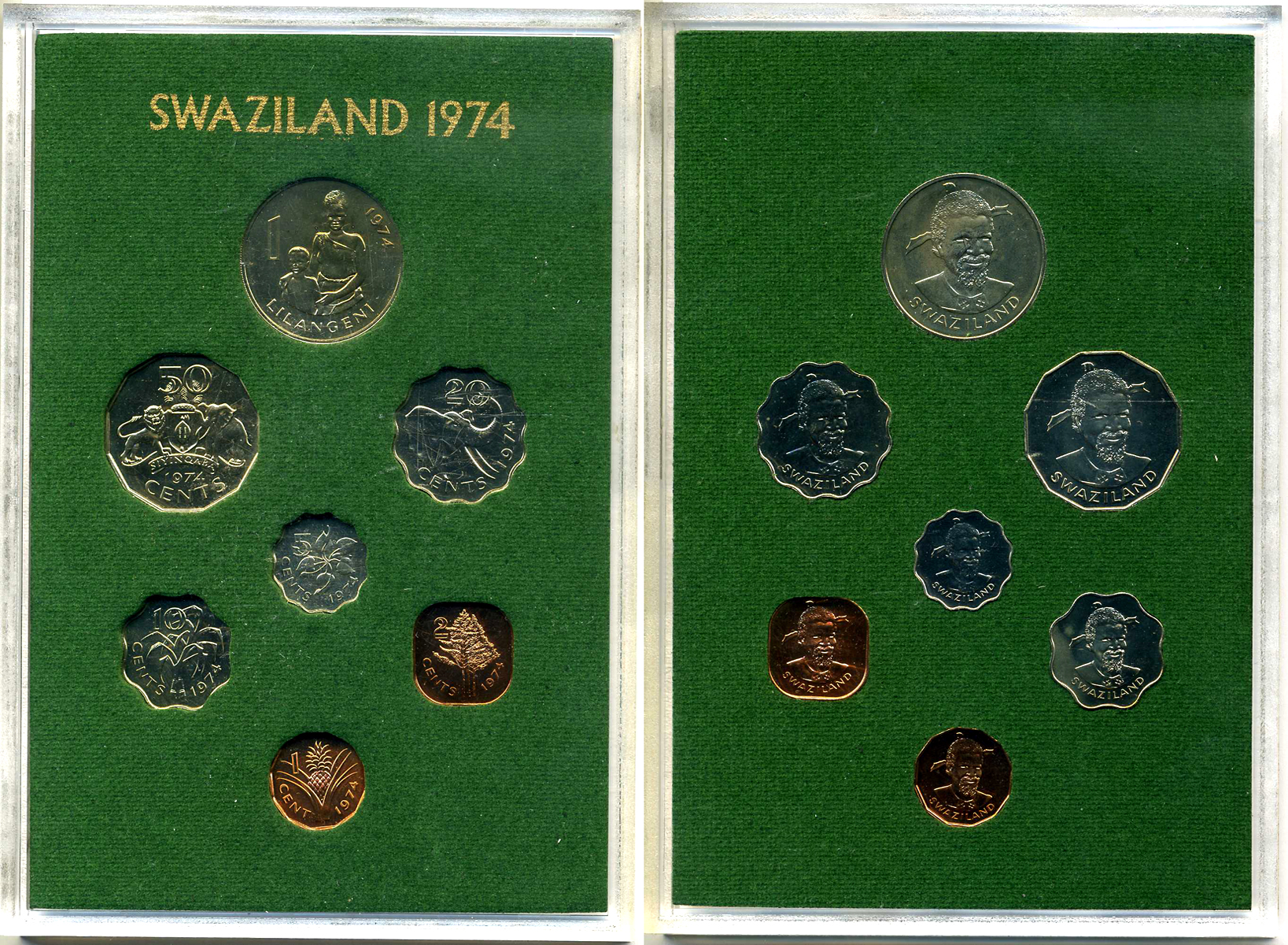 Свазиленд набор из 7 монет 1974 в оригинальной пластиковой упаковке, тираж 20000 KM PS 2 (KM 7-13) PROOF 4-4-1-1