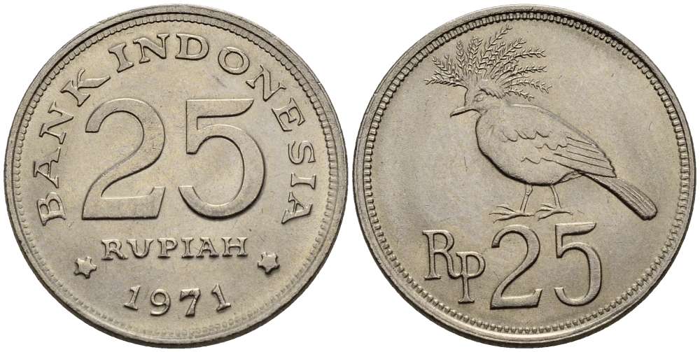 Индонезия 25 рупий 1971 венценосный голубь KM 34 медно-никель 4511-953