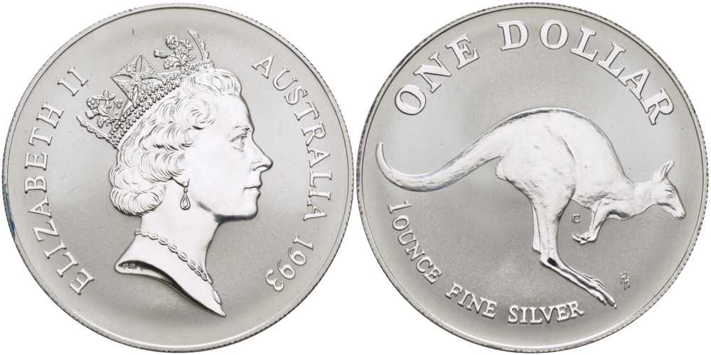 Австралия 1 доллар 1993 кенгуру прыгает вправо KM 211.1 серебро  UNC  00-00