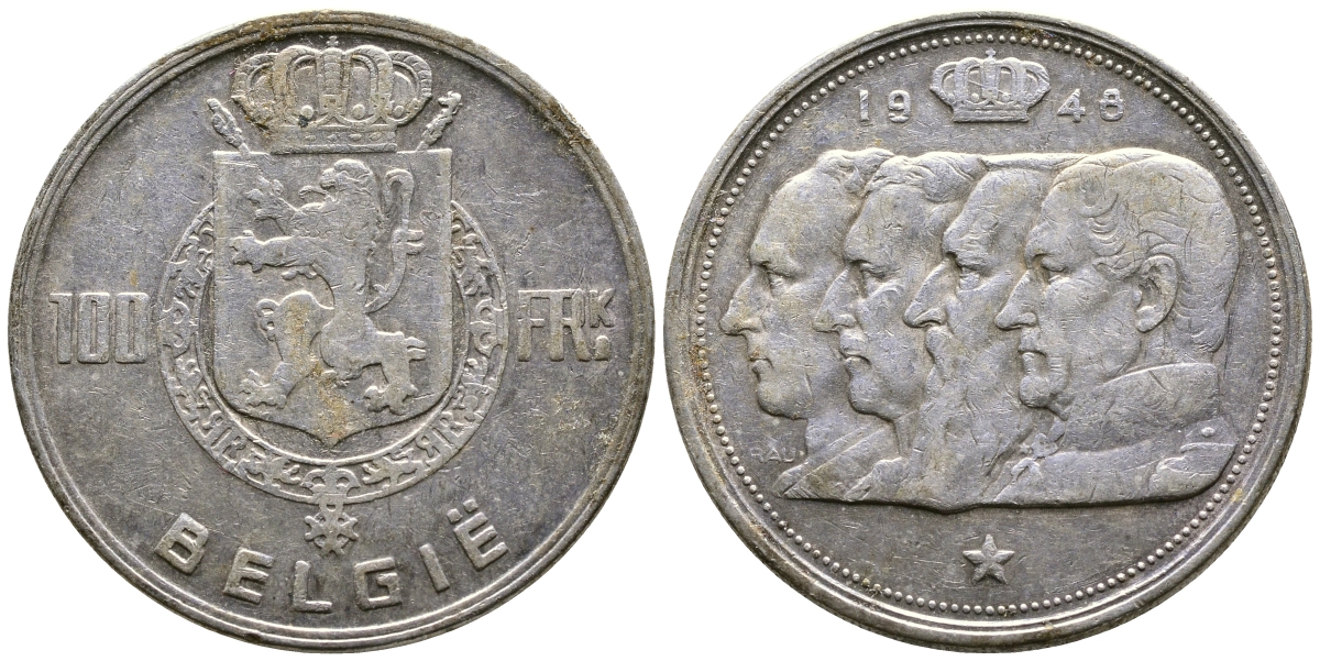 Бельгия 100 франков 1948 Belgie, королевская династия KM 139.1 серебро 4179-432