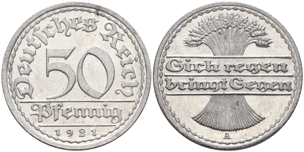 Германия 50 пфеннигов 1921 A KM 27, J.301, Weege 10 алюминий UNC 4584-833