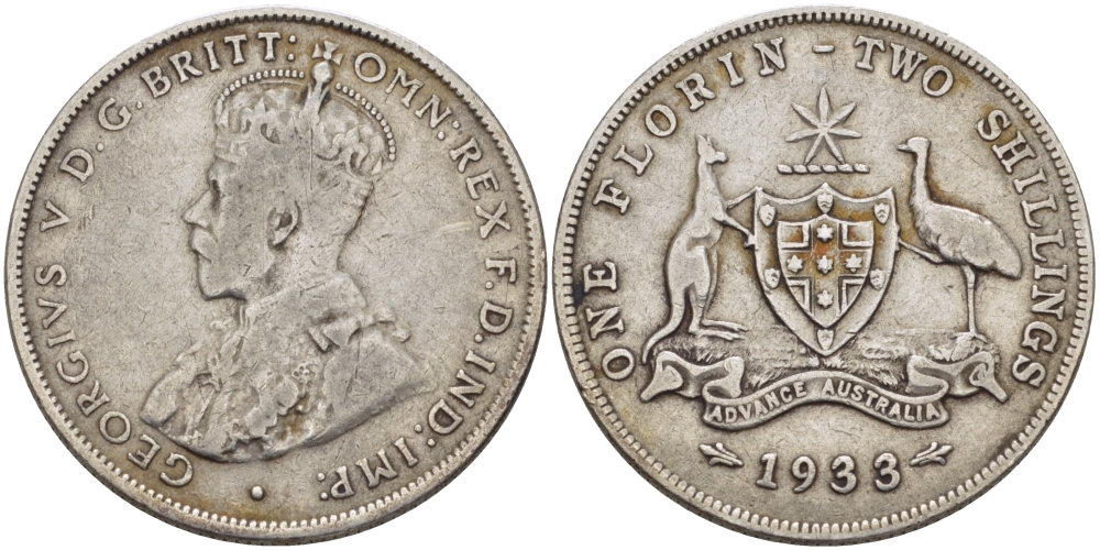 АВСТРАЛИЯ 1 ФЛОРИН 1933 ГЕОРГ V, ГЕРБ АВСТРАЛИИ KM 27 серебро 82-835