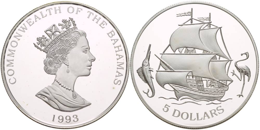 Багамские острова 5 долларов 1993 парусник, фламинго, марлин KM 170 серебро PROOF 1081-7-44