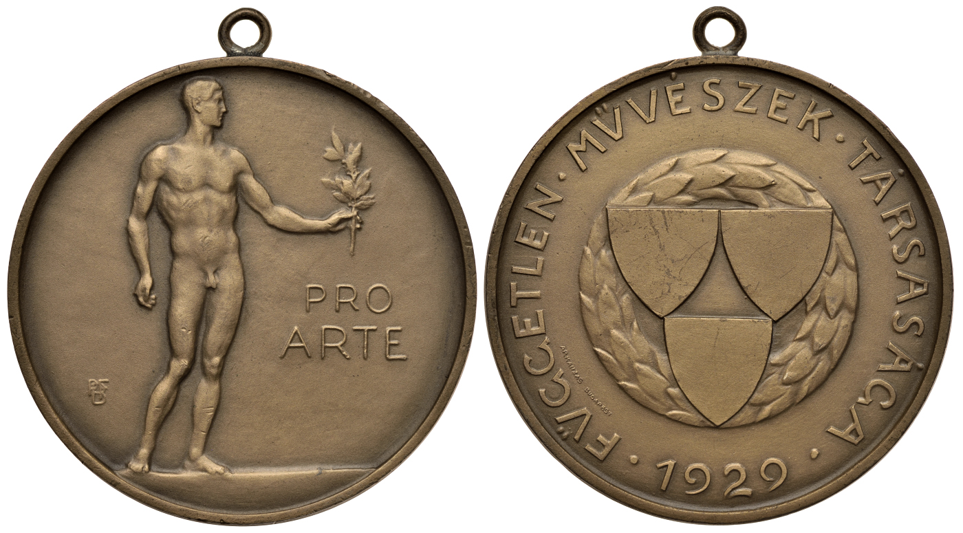 ВЕНГРИЯ МЕДАЛЬ 1929 КОМПАНИЯ НЕЗАВИСИМЫХ ХУДОЖНИКОВ, ДЕВИЗ 'ВО БЛАГО ИСКУССТВА', ДИАМЕТР 55 ММ., ВЕС 67,27 ГР., С УШКОМ ДЛЯ НОСКИ бронза 01-169-12-2
