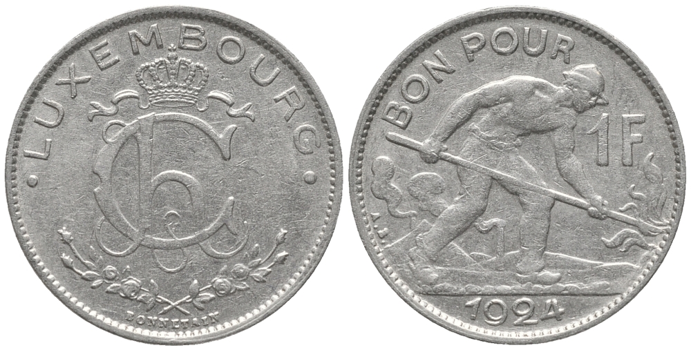 ЛЮКСЕМБУРГ 1 ФРАНК 1924 СТАЛЕВАР, ШАРЛОТТА (1919-1964) KM 35 никель 28-1214
