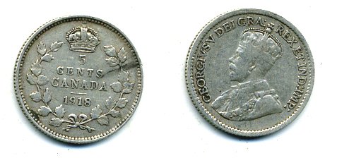 Канада 5 центов 1918 Георг V (1910-1936) KM 22 серебро 46-919