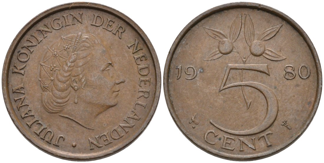 Нидерланды 5 центов 1980 Юлиана (1948-1980) KM 181 бронза 4573-413
