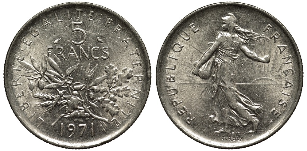 Франция 5 франков 1971 сеятель KM 926a.1, Le Franc 341.3 медно-никель плакированный никелем 3855-911