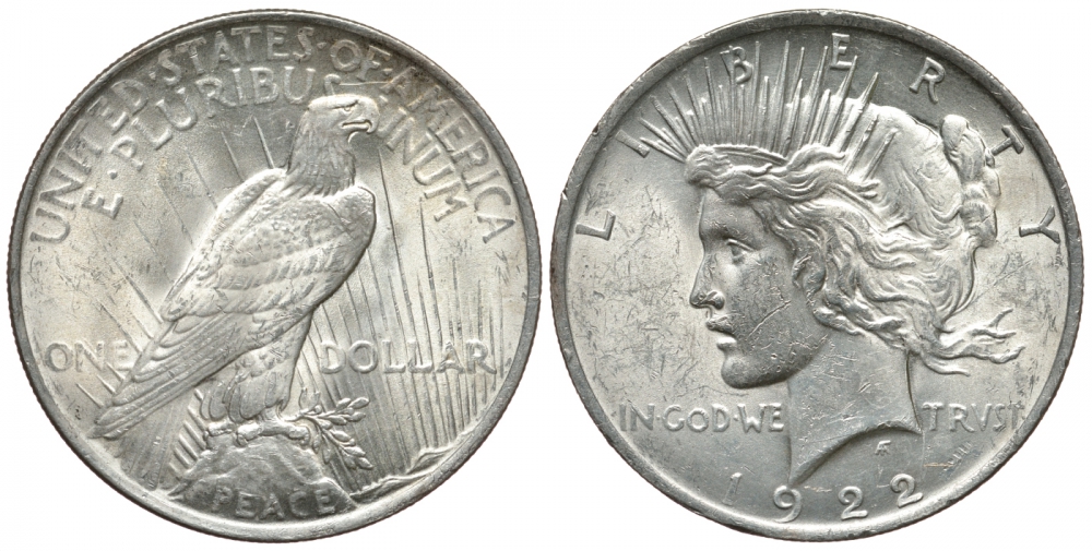 США 1 доллар 1922 доллар мира KM 150 серебро aUNC 272-1442