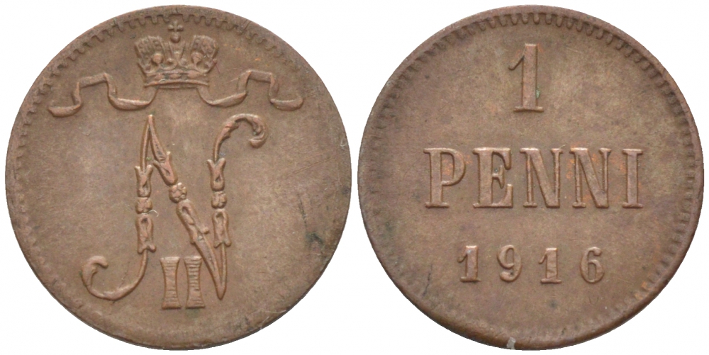 РОССИЯ ДЛЯ ФИНЛЯНДИИ 1 ПЕННИ 1916 НИКОЛАЙ II (1895-1917) KM 13, Биткин 476 медь 211-1063