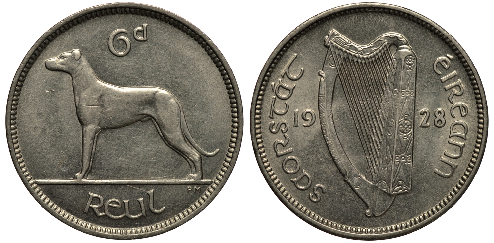 Ирландия 6 пенсов 1940 ирландский волкодав, редкое состояние KM 13a медно-никель UNC 1525-845