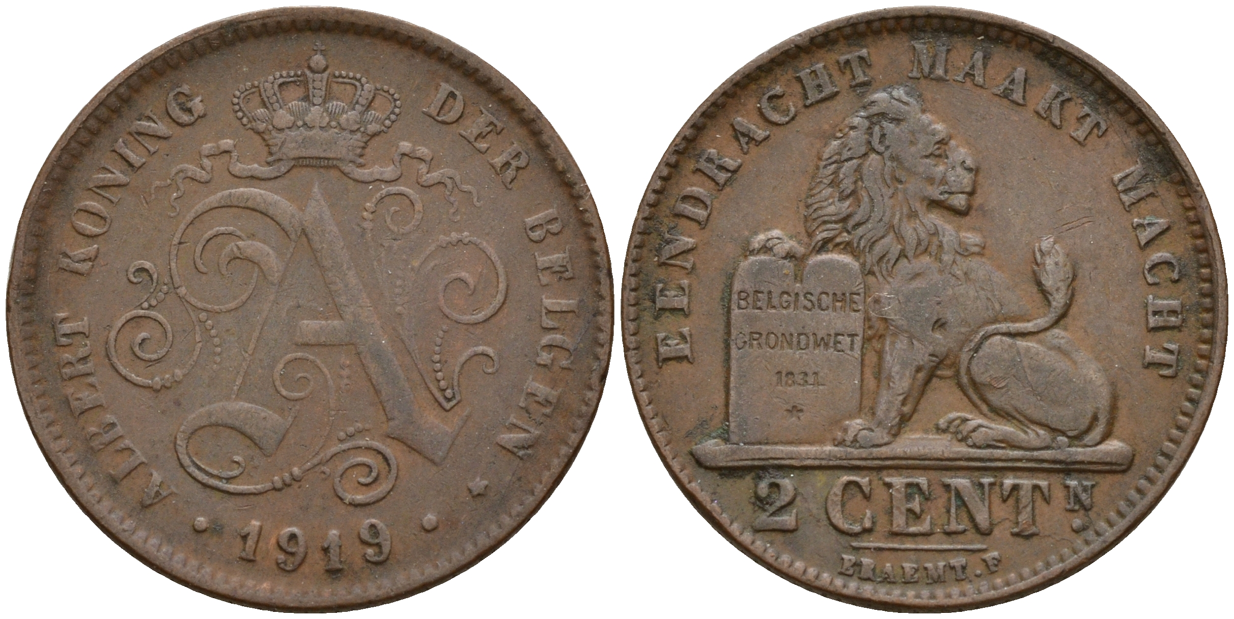 Бельгия 2 сантима 1919 Belgen KM 65 медь    4187-417