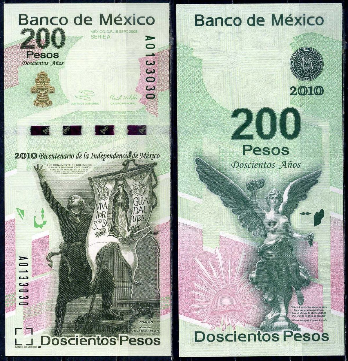 Мексика 200 песо 2008 Двухсотлетие независимости 1810-2010, Мигель Идальго и Костилья с флагом Святой Девы Марии Гваделупской (с картины «Дон Мигель Идальго» Хесуса Энрике Эмилио де ла Хельгера Эспиносы) Pick 129 a бумага UNC (пресс) 451-744-2
