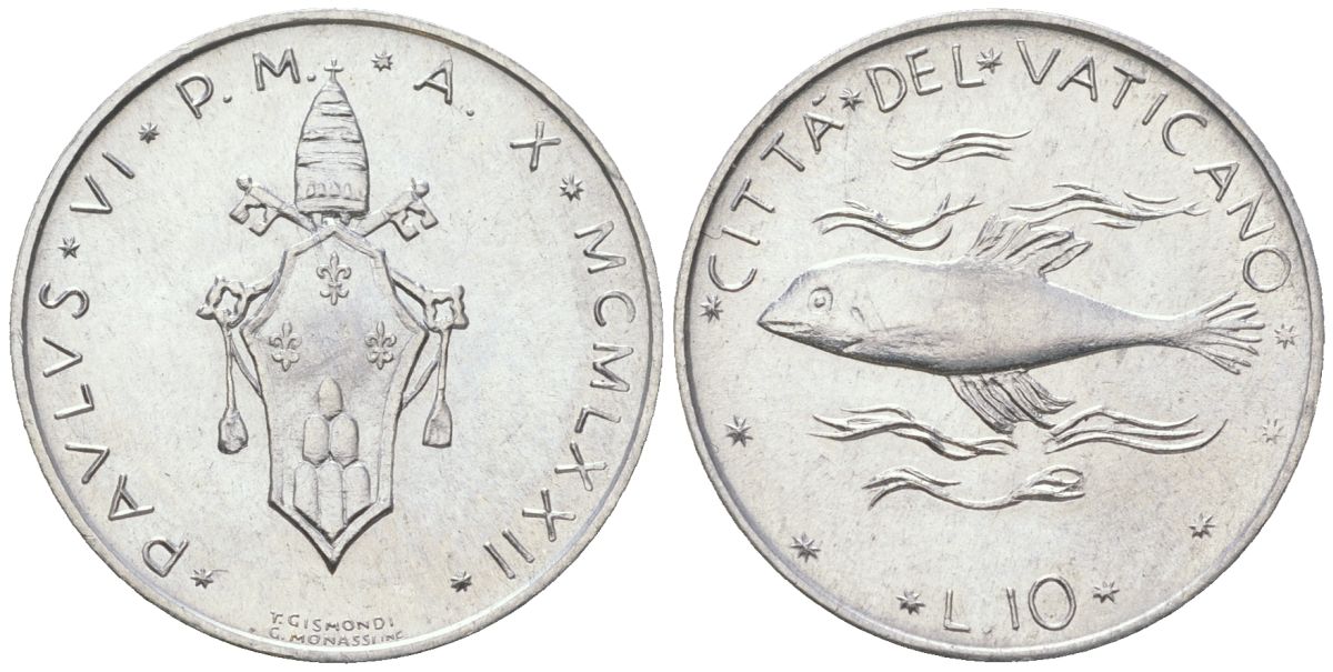 Ватикан 10 лир 1972 KM 119 алюминий UNC 4571-815