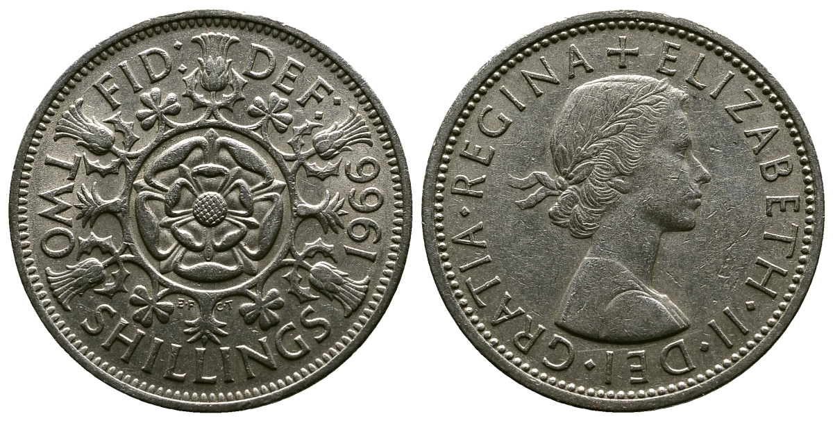 Великобритания 2 шиллинга (флорин) 1966 Елизавета II (1952-2022) KM 906, Spink 4146 медно-никель 4382-622