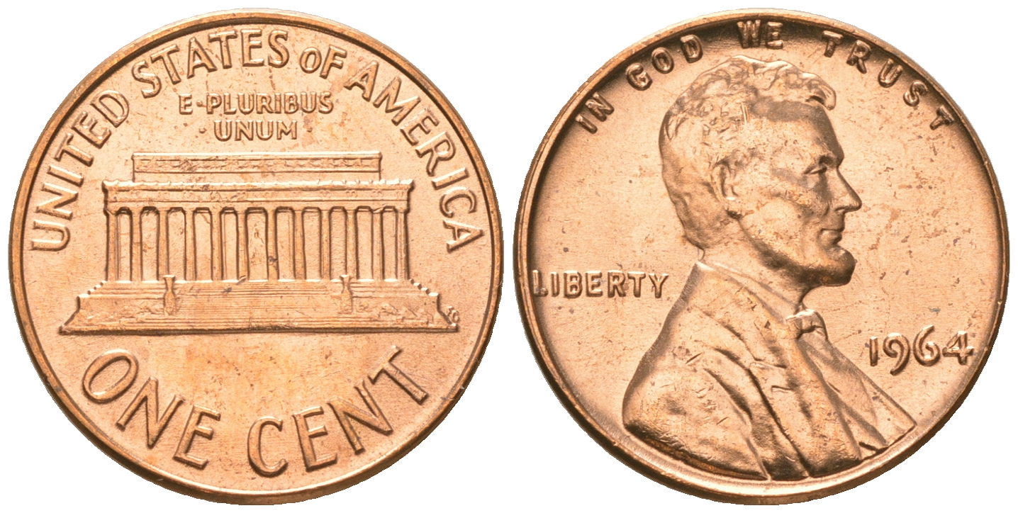 США 1 цент 1964 Линкольн, из ролика KM 201 медь цинк  UNC  M58-20
