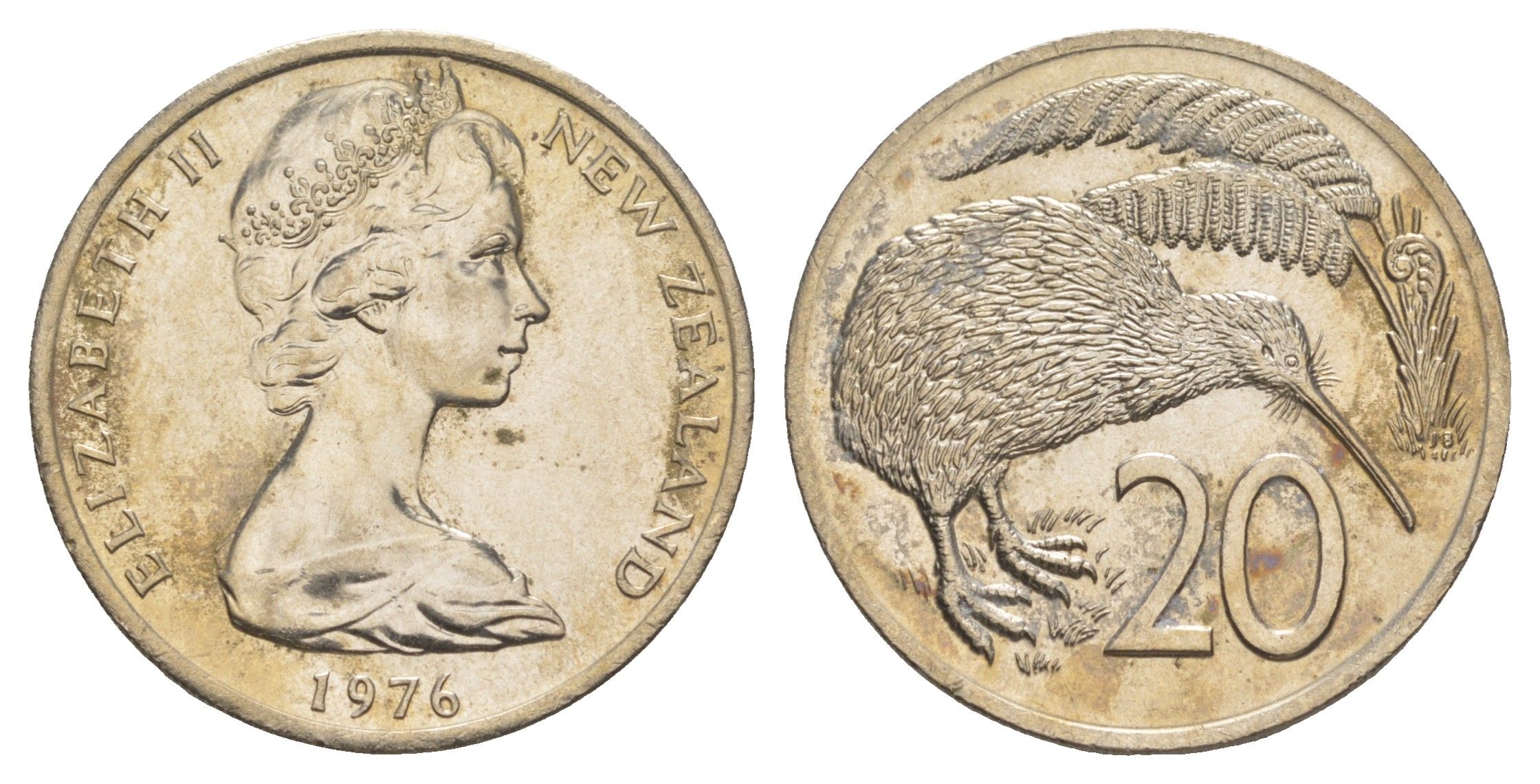 Новая Зеландия 20 центов 1976 Елизавета II (1952-2022), птичка киви KM 36 медно-никель aUNC 93-934