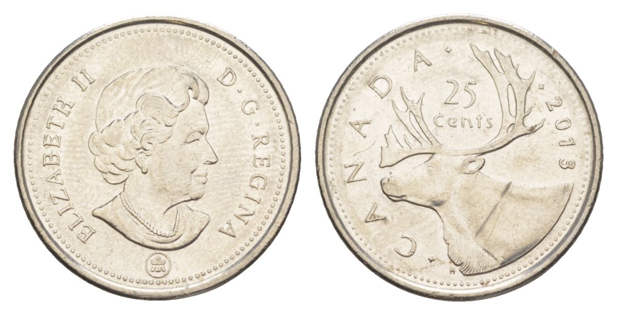 Канада 25 центов 2013 Leaf, Елизавета II (1952-2022), олень KM 2296 сталь плакированная никелем UNC 4631-733