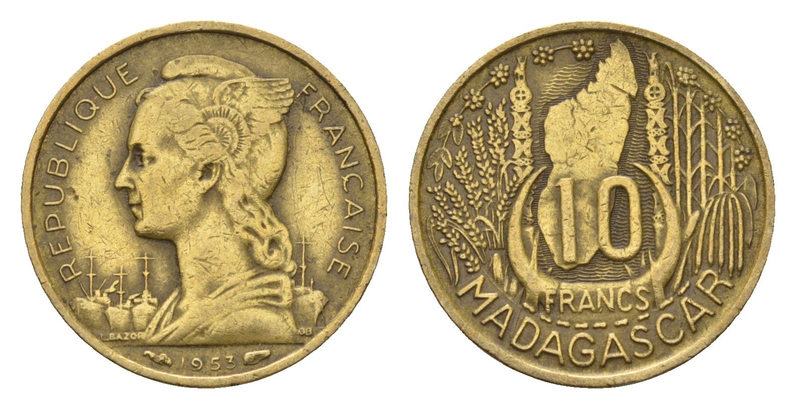 Мадагаскар 10 франков 1953 год-тип KM 6 алюминиевая бронза 08-947