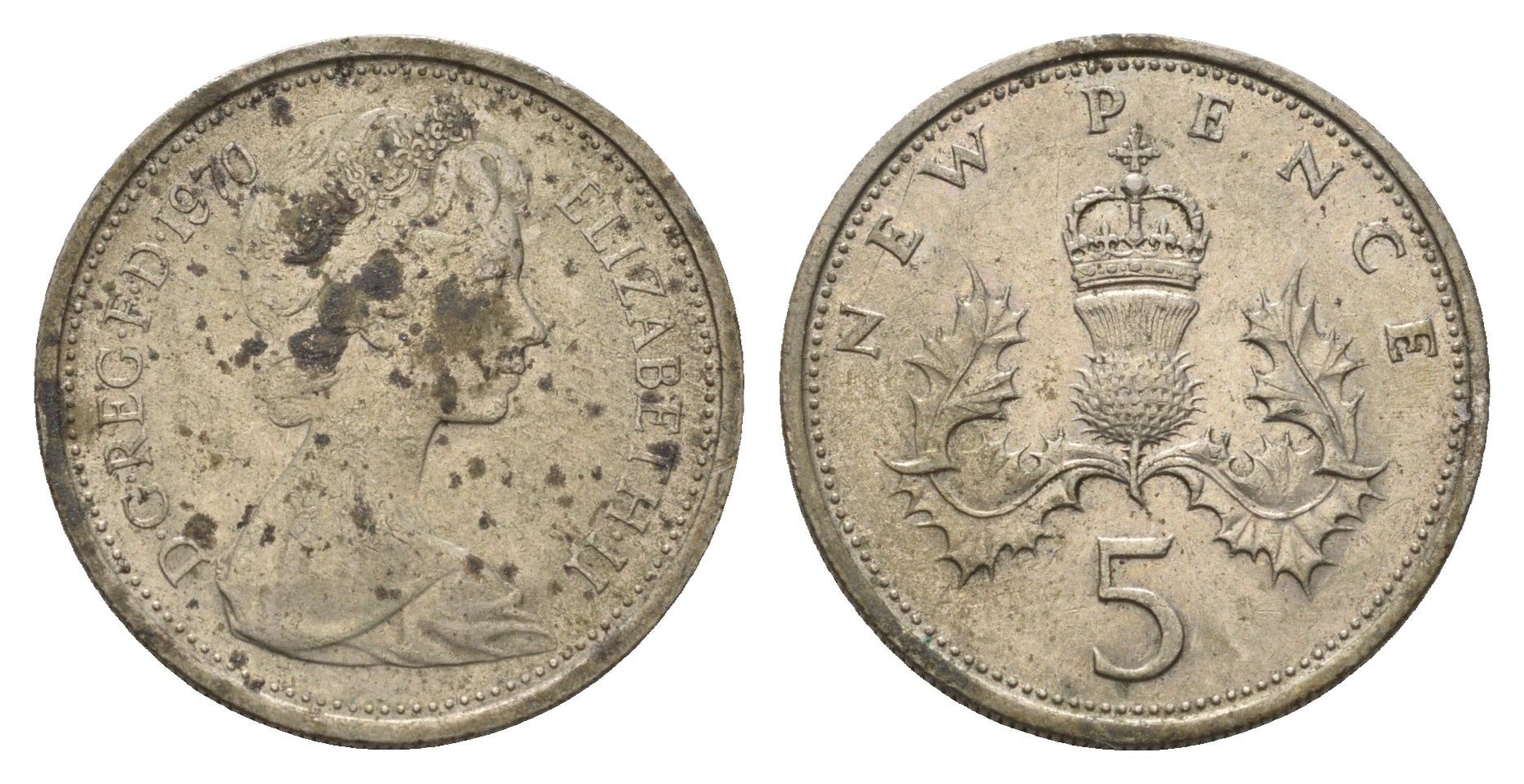 Великобритания 5 пенсов 1970 Елизавета II (1952-2022) KM 911, Spink 4233 (D1) медно-никель 4635-117