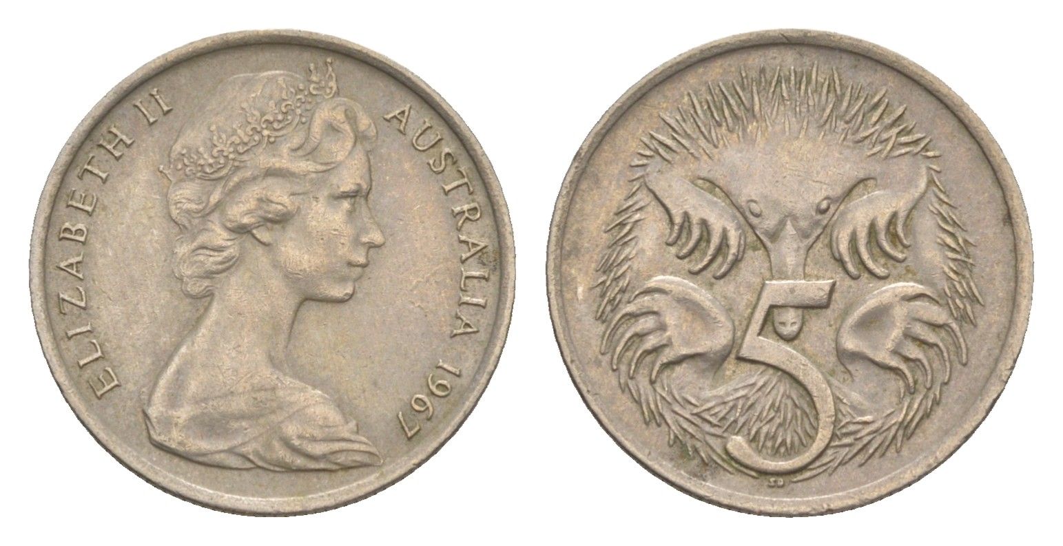 Австралия 5 центов 1967 Елизавета II (1952-2022) молодой портрет, ехидна KM 64 медно-никель 4151-338