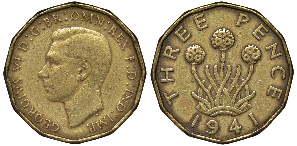 Великобритания 3 пенса 1941 Георг VI (1936-1952) KM 849, Spink 4112 никель латунь 4122-913