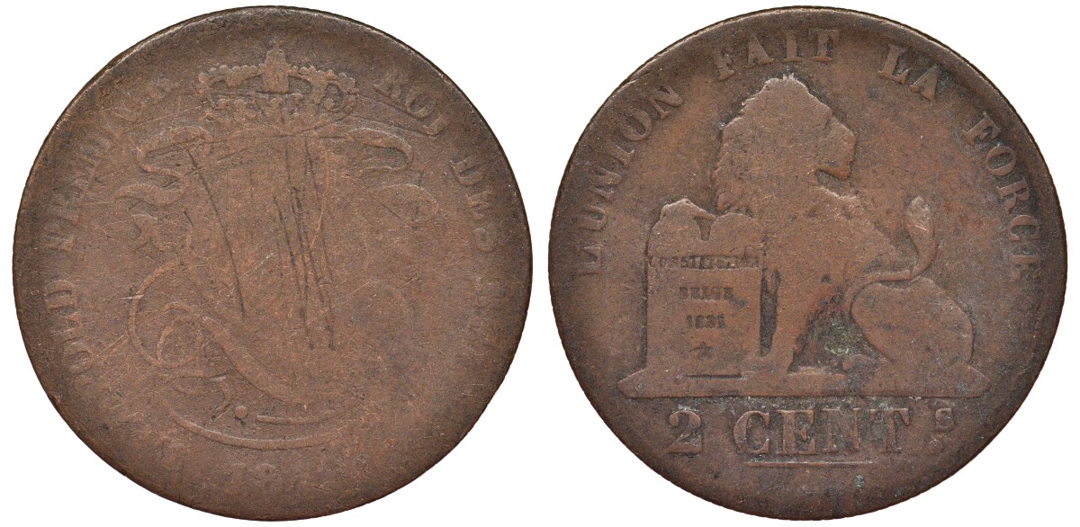 Бельгия 2 сантима 18?? Леопольд I, лев KM 35.1 медь 4163-226