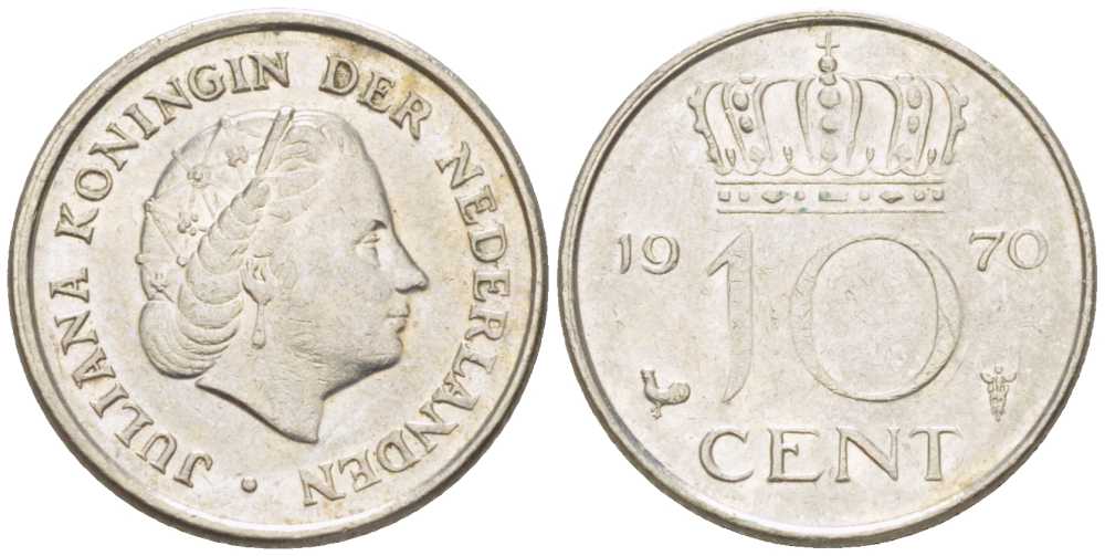 Нидерланды 10 центов 1970 Юлиана (1948-1980) KM 182 никель 214-1247