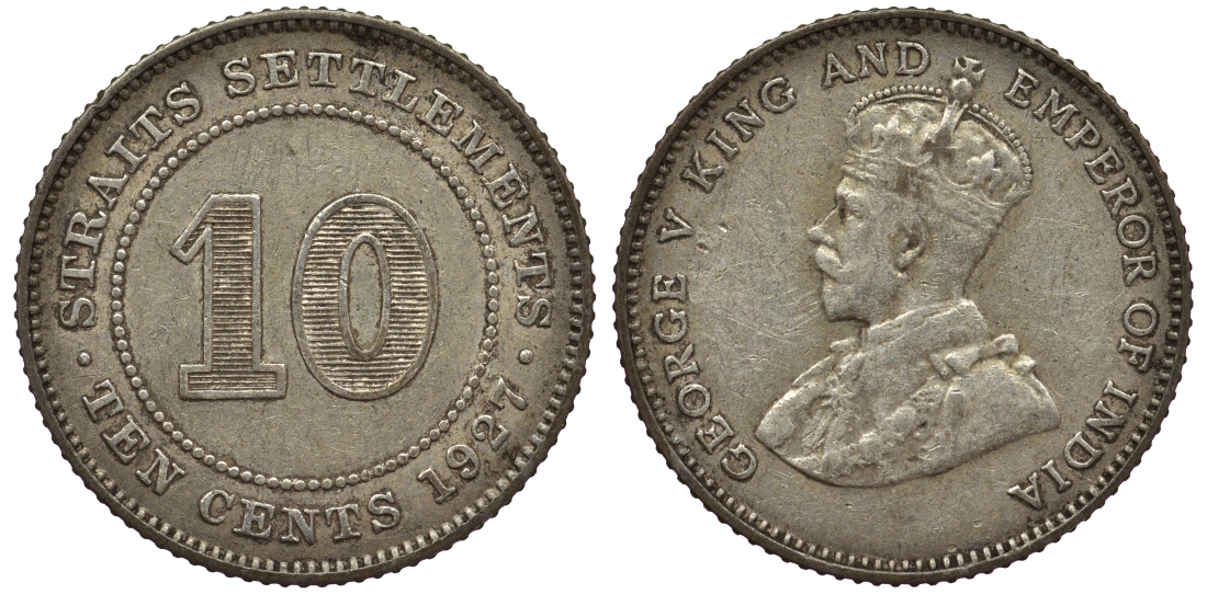 Стрейтс-Сетлментс 10 центов 1927 Георг V (1910-1936) КМ 29b серебро 53-643