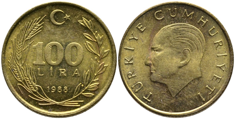 Турция 100 лир 1988 Кемаль Ататюрк KM 988 алюминиевая бронза 4541-424