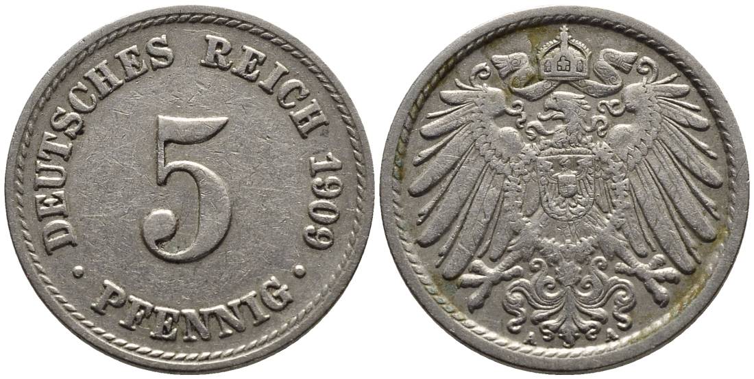 ГЕРМАНИЯ 5 ПФЕННИГОВ 1909 A KM 11, Jager 12, Weege 6 медно-никель 4547-469